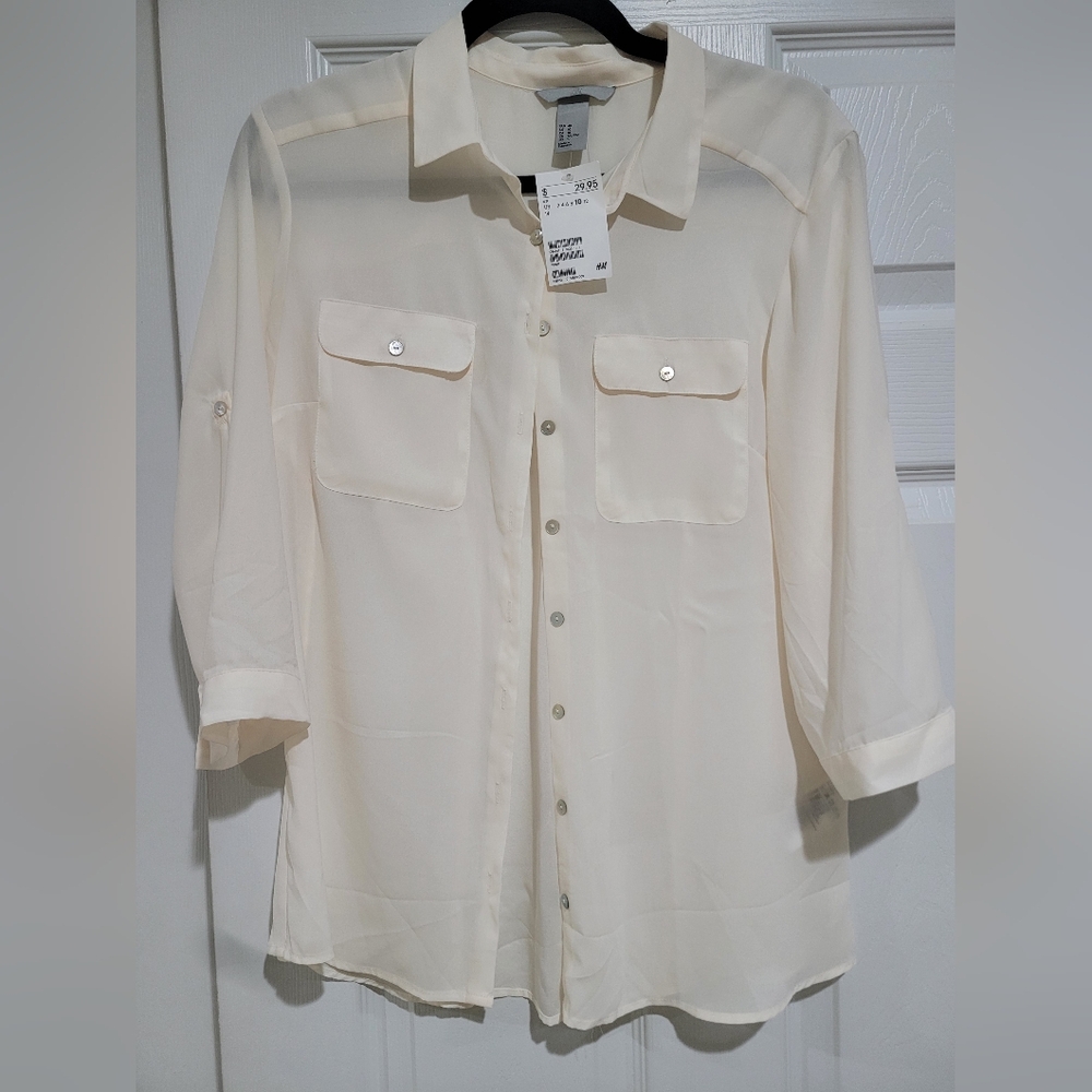 H & M semi sheer cream color 3/4 sleeve button front shirt blouse, sz 10